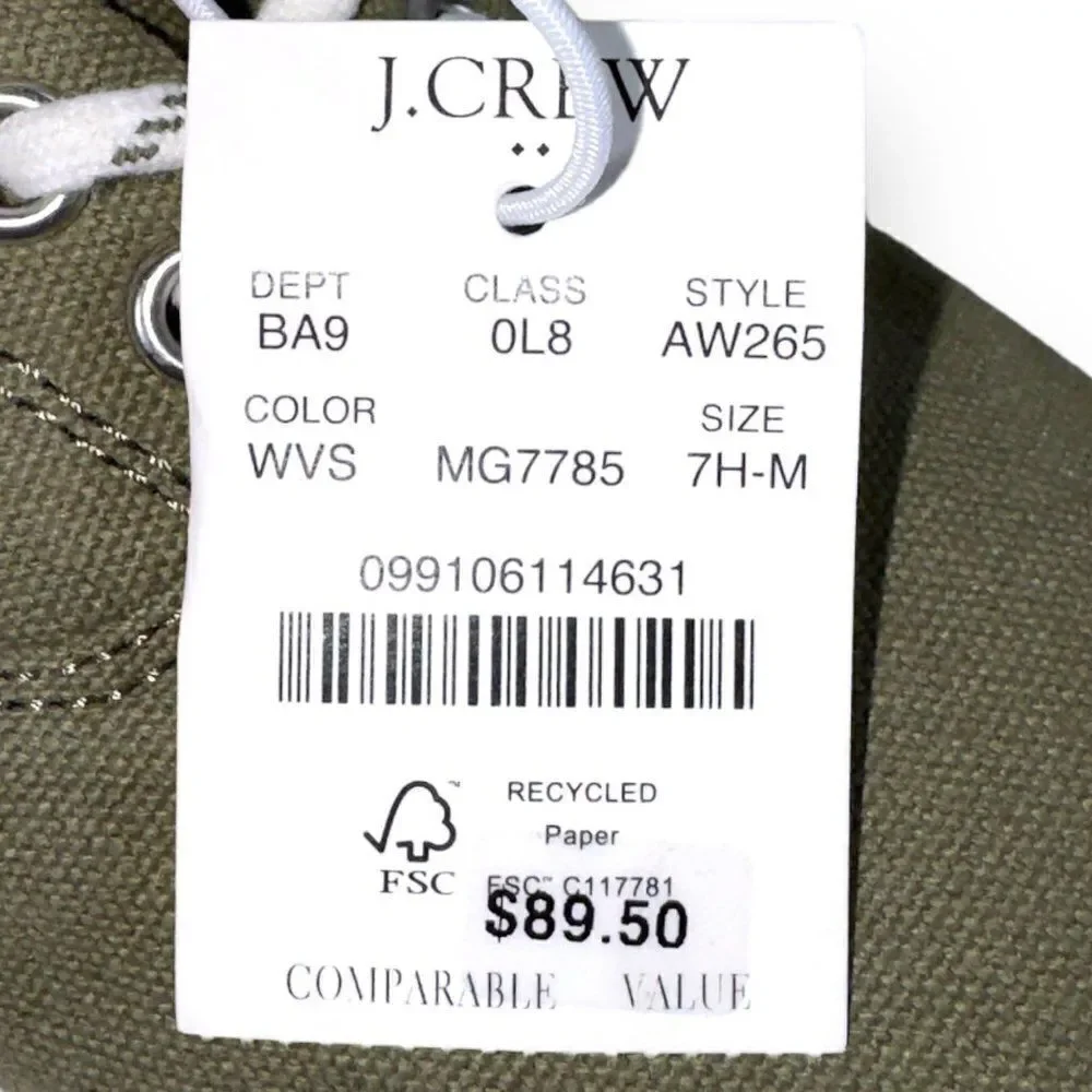 J. Crew Explorer Canvas Casual Sneakers Olive‎ Green AW265 Men's 7 Women's 9